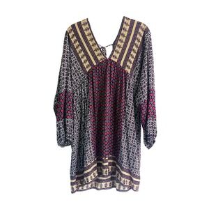 Umgee Patchwork Tunic Top Womens Sz L L/S Boho Navy Pink V Neck Tie Back‎